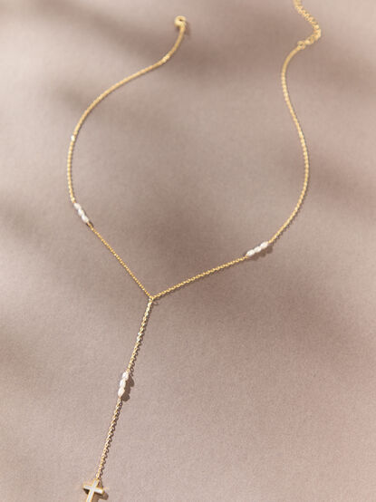 18K Gold Pearl Charms Cross Y Necklace - AS Kids