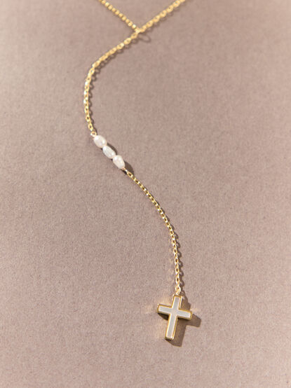 18K Gold Pearl Charms Cross Y Necklace - AS Kids