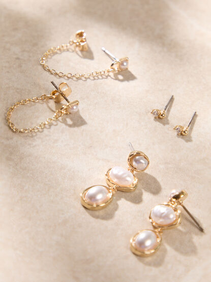 Bezel Pearl Chain Earring Set - AS Kids