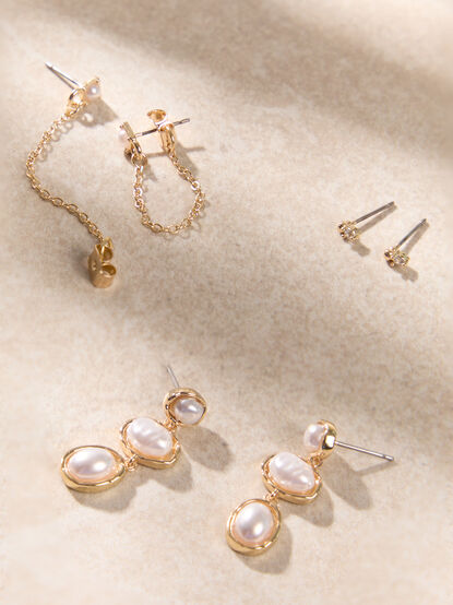 Bezel Pearl Chain Earring Set - AS Kids
