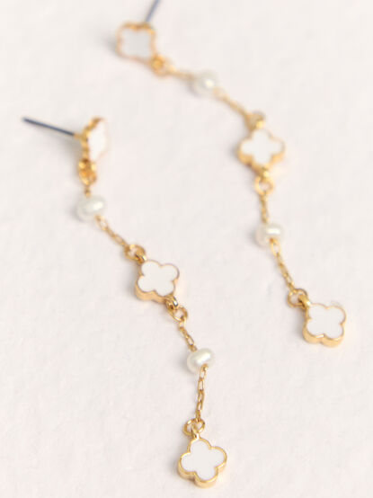 18K Gold Clover Pearl Drop Earrings - AS Kids